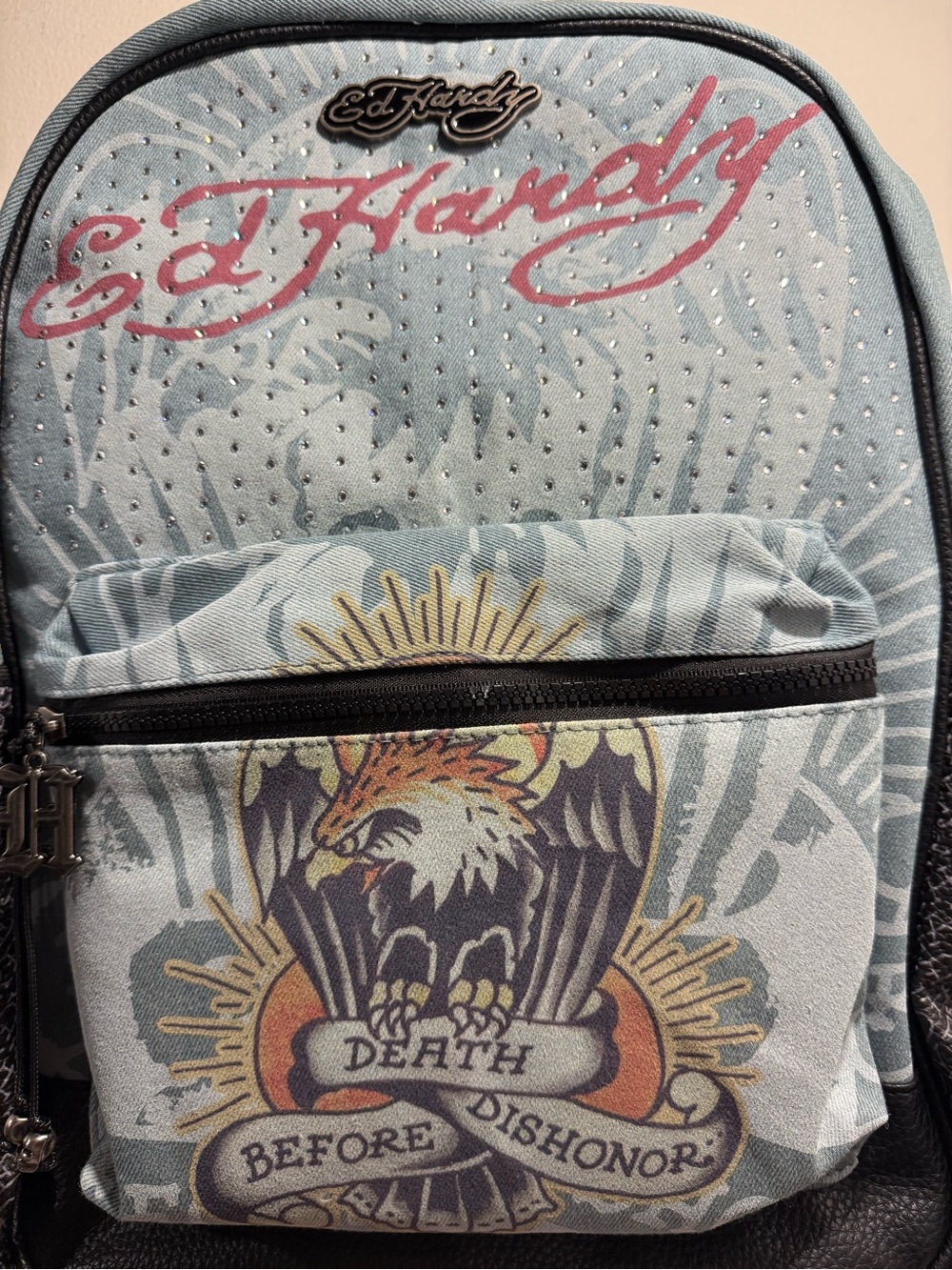 Ed Hardy Backpack Denim Death Before Dishonor NWT - Picture 2 of 12